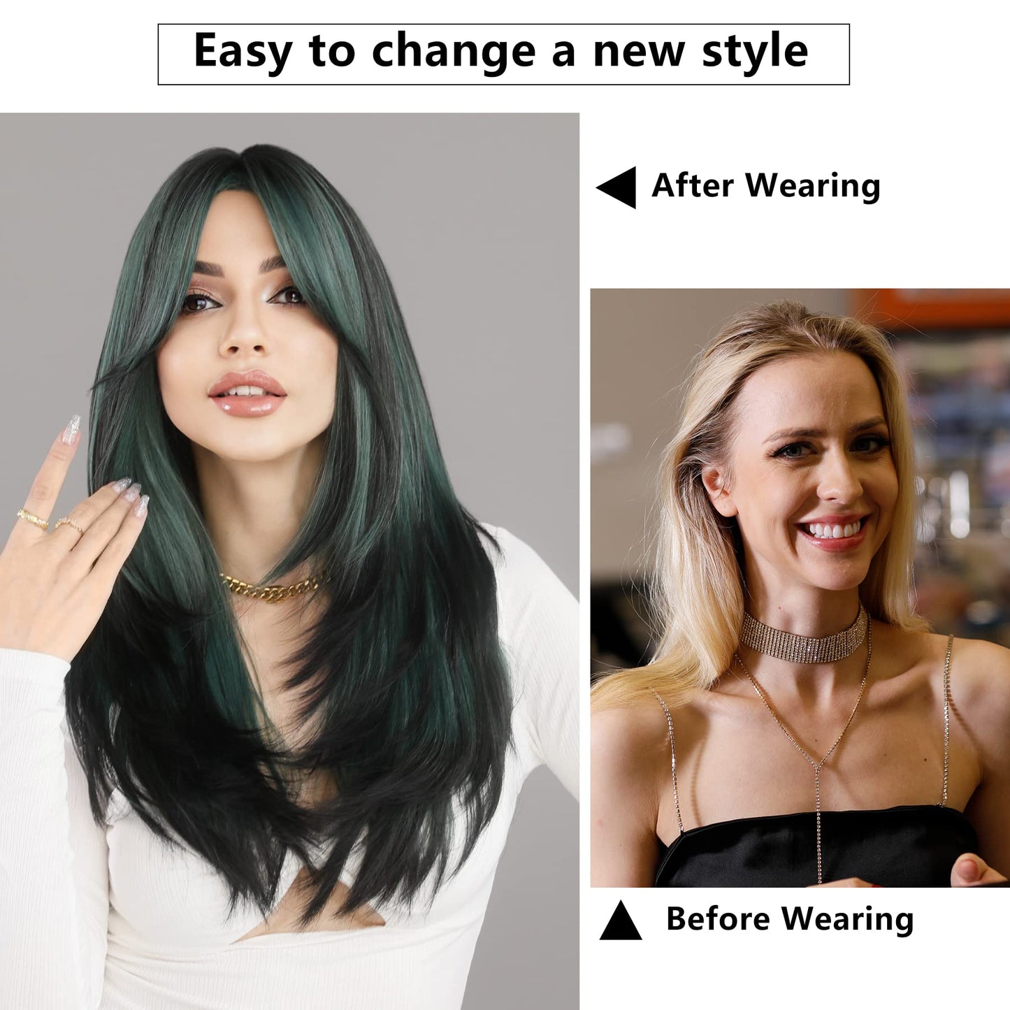 7JHH WIGS Long Straight Wigs with Curtain Bangs,Green Highlight Layered Wig for Women Synthetic High Density Heat Resistant Hair Wig for Daily Party 24 Inches