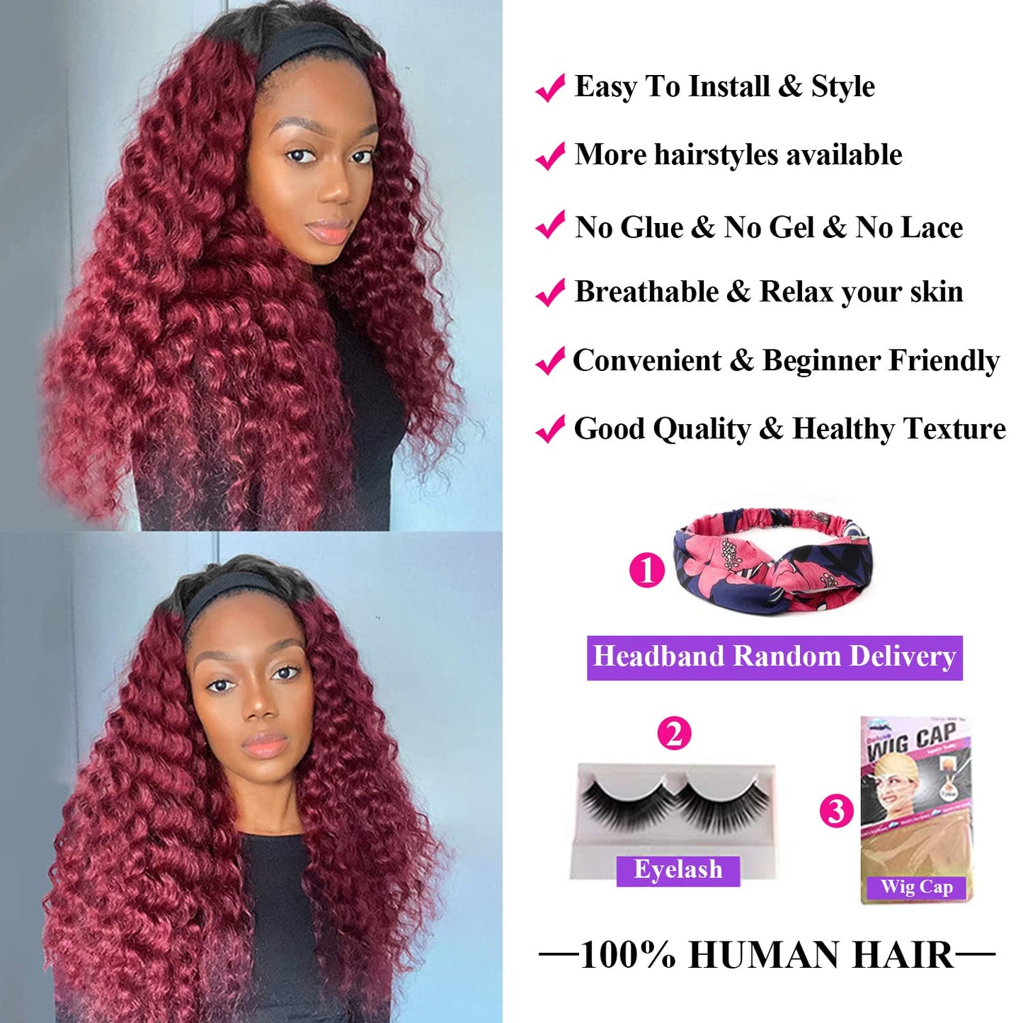 Aiterina Headband Wig deep wave human hair wigs for Black Women Brazilian Remy Hair Glueless Non Lace Front Wig 150% Density (12 inch, 1B/99J)