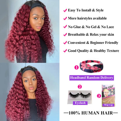 Aiterina Headband Wig deep wave human hair wigs for Black Women Brazilian Remy Hair Glueless Non Lace Front Wig 150% Density (12 inch, 1B/99J)