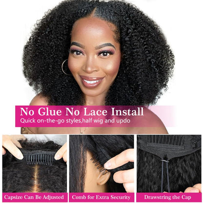 Legendhair Wear & Go Glueless Wigs Human Hair Afro Kinky Curly Human Hair Half Wigs for Black Women Seamless Kinky Curly Bob Pixie Cut Wig Drawstring Full Head Clip in Half Wig 200% Density 14 Inch