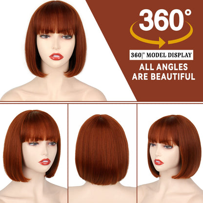 WERD Auburn Red Wig Bangs, Short Red Bob Wig for Women, Auburn Bob with Bangs for Daily Party Cosplay