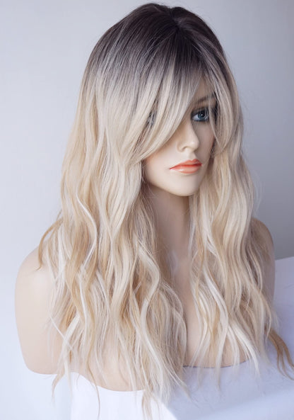 Long Blonde Wig for Women Wolf Tail cut wig Synthetic Hair Blonde Ombre with white Highlight Wigs for White Women (Blonde Highlight)