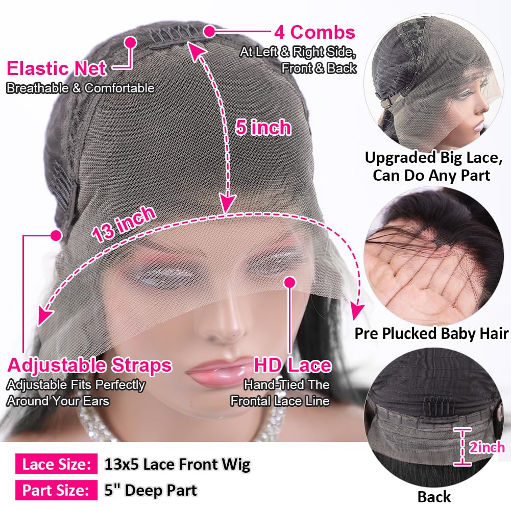 Wingirl 13×5 Lace Front Human Hair Wigs for Women 12A HD Transparent Body Wave Lace Front Wigs Human Hair Pre Plucked Bleached Knots (22 Inch (Pack of 1), 220% 1B# Color)