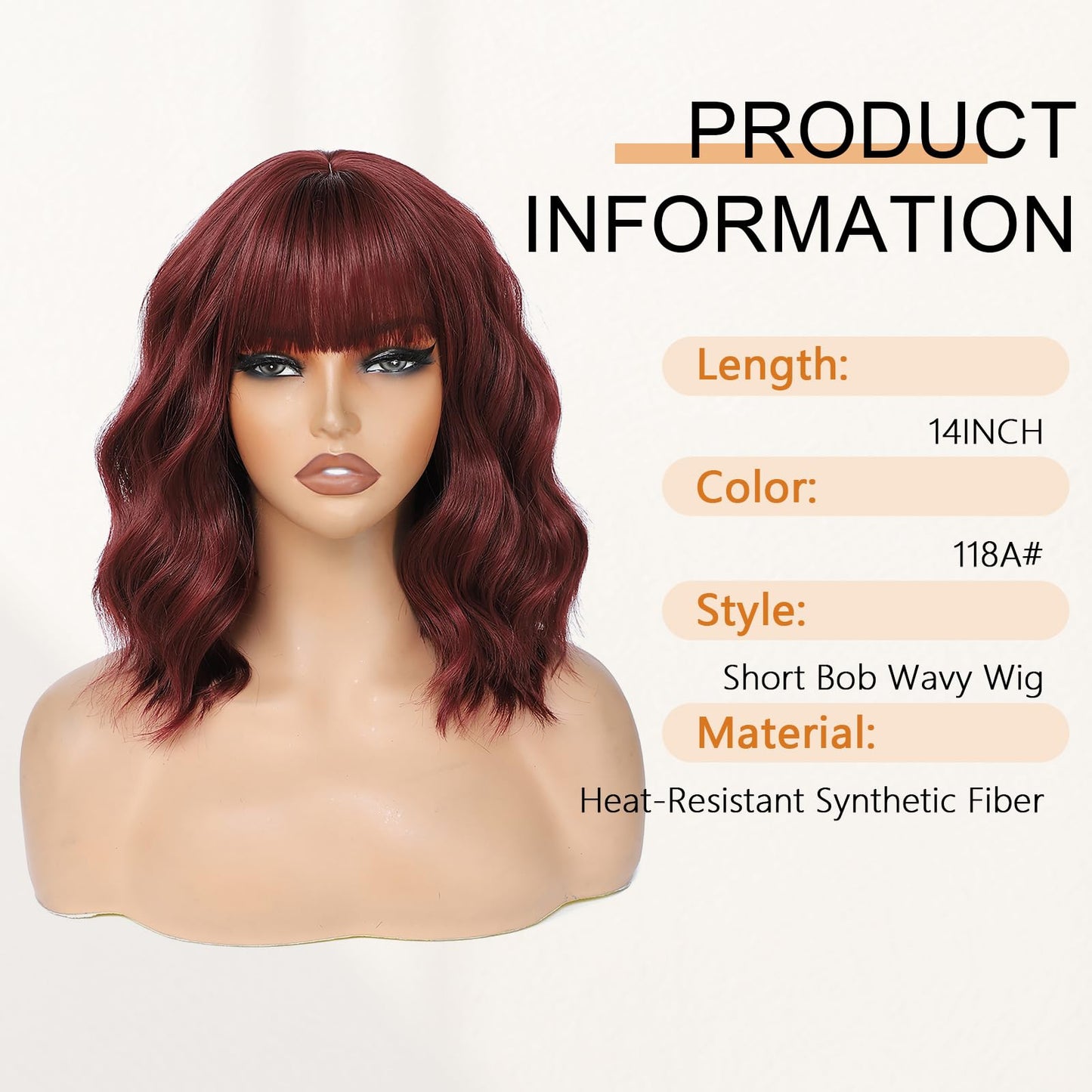 Wine Red Short Wavy Wigs with Bangs Bob Wig Shoulder Length 14Inch Synthetic Hair for Women Girl Colorful Cosplay Wig Synthetic Heat Resistant Fiber Hair for Daily Party Halloween Use(118A#WineRed)