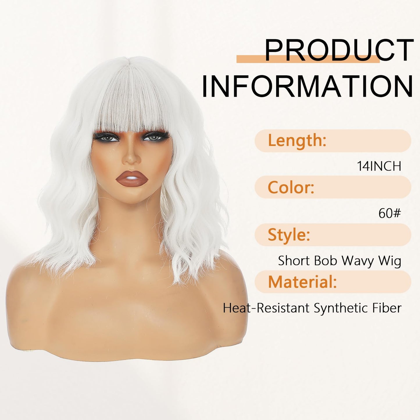 AGO White Wavy Wig with Bangs,Short Curly Bob Wig Shoulder Length 14Inch Synthetic Hair for Women Girl Heat Resistant Synthetic Colorful Wigs for Daily Party Halloween Cosplay Use(60#White)