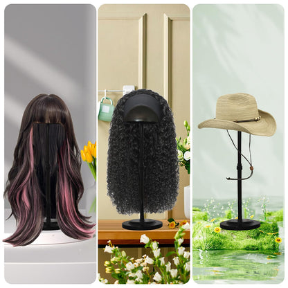Wig Stand 1PC Adjustable Height Black Plastic Wig Head Stand Portable Wig Holder Stands Non-Slip Wig Head Holders Sturdy for Multiple Wigs and Hats Styling Drying Display