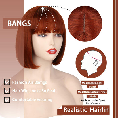 WERD Auburn Red Wig Bangs, Short Red Bob Wig for Women, Auburn Bob with Bangs for Daily Party Cosplay