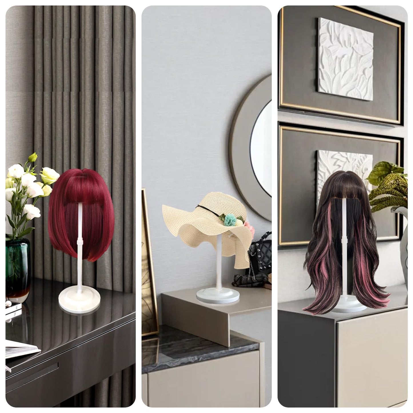 Wig Stand 1PC Adjustable Height White Plastic Wig Head Stand Portable Wig Holder Stands Non-Slip Wig Head Holders Sturdy for Multiple Wigs and Hats Styling Drying Display