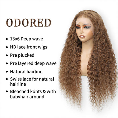 13x6 Chocolate Brown Deep Wave Lace Front Wig Human Hair Wig for Women 180% Density HD Deep Curly Lace Frontal Wigs Human Hair Pre Plucked with Baby Hair Brown Colored (Chocolate Brown, 32 Inch)
