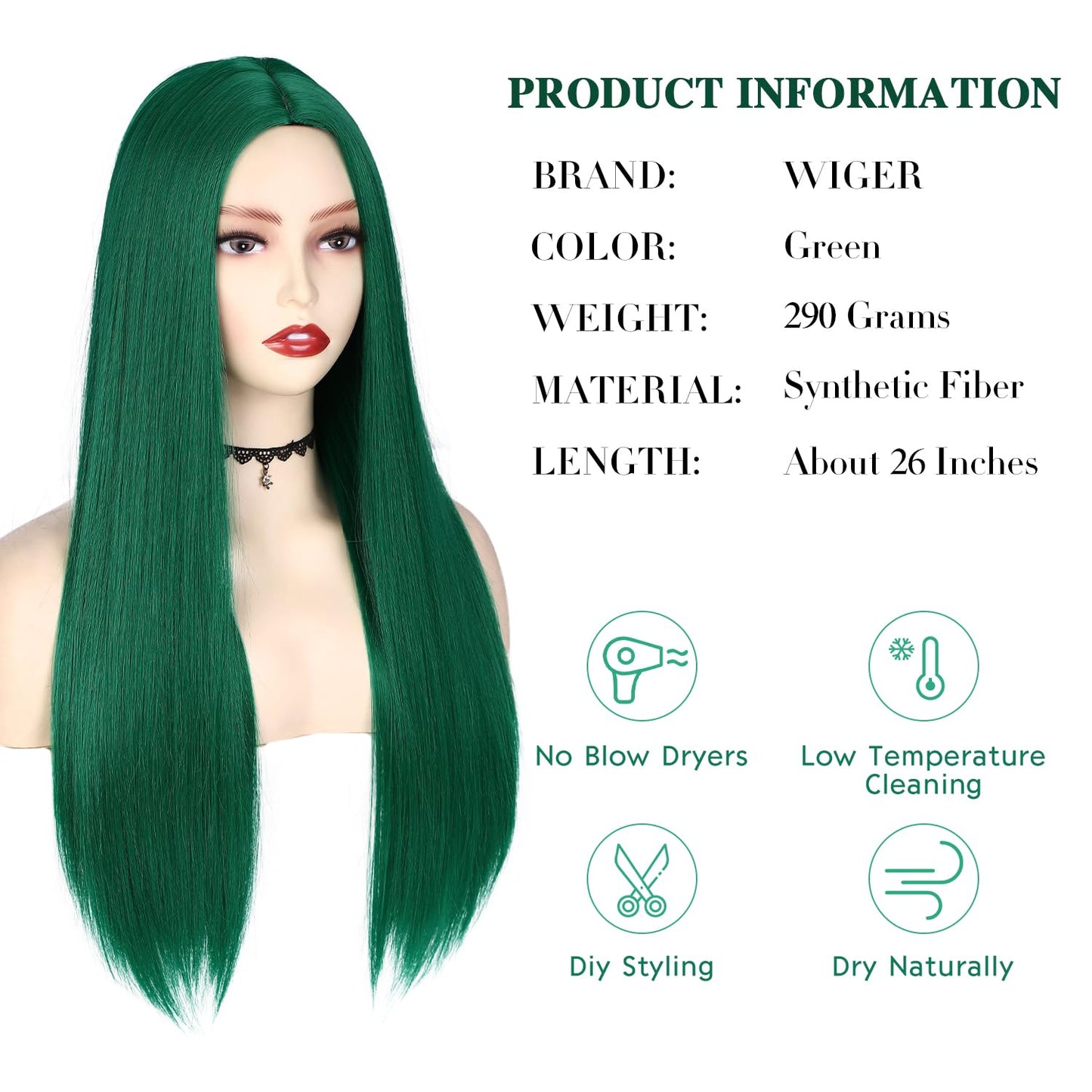 WIGER Green Wig Long Straight Hair Wigs Middle Part Natural Heat Resistant Synthetic Fiber Party Cosplay Costume Full Wigs for Women Girls