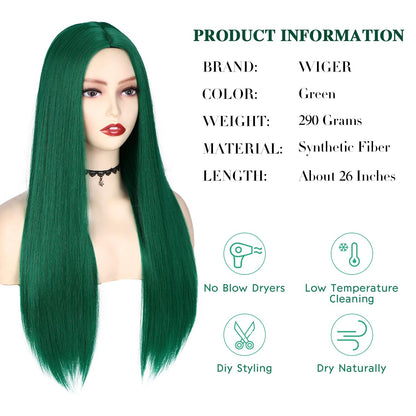 WIGER Green Wig Long Straight Hair Wigs Middle Part Natural Heat Resistant Synthetic Fiber Party Cosplay Costume Full Wigs for Women Girls