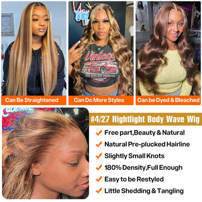 Yamikk 4/27 Highlight Honey Blonde Lace Front Wigs Human Hair Pre Plucked 180 Density 13x5 Ombre Colored Body Wave Hd Lace Frontal Human Hair Wig 22 Inch
