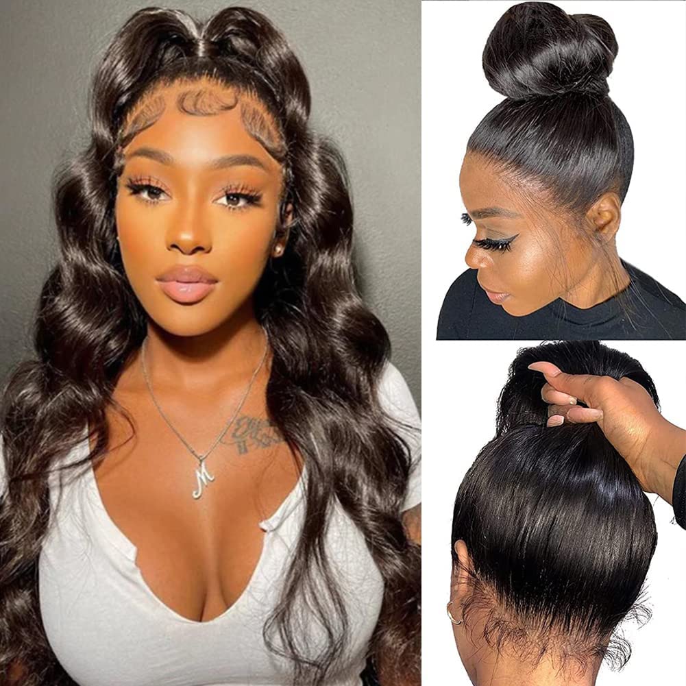 Aaliweya 360 HD Full Lace Frontal Wig Body Wave 360 Lace Front Wig Human Hair for Women 180 density Pre Plucked Glueless Lace Wigs True to Length Can Make Bun And High Ponytail Nautral Black 18Inch