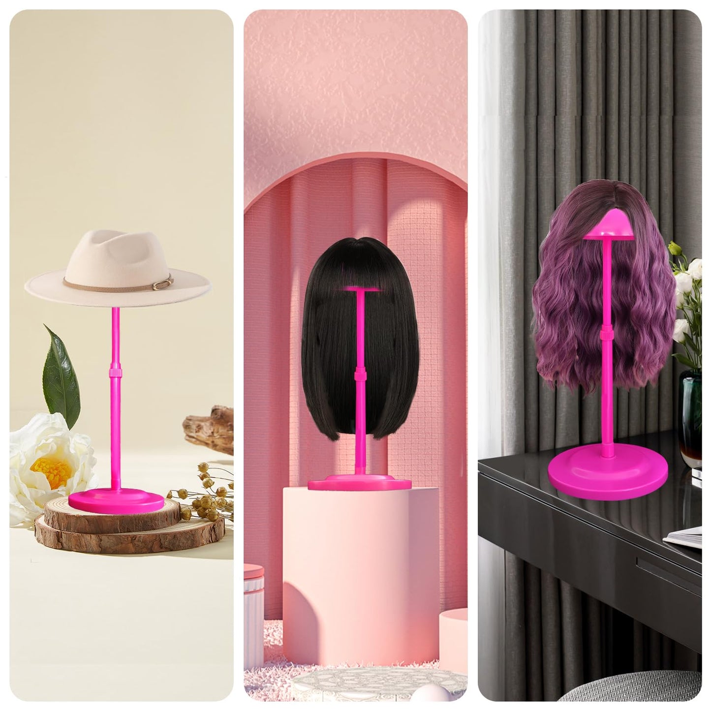 Wig Stand 1PC Adjustable Height Pink Plastic Wig Head Stand Portable Wig Holder Stands Non-Slip Wig Head Holders Sturdy for Multiple Wigs and Hats Styling Drying Display