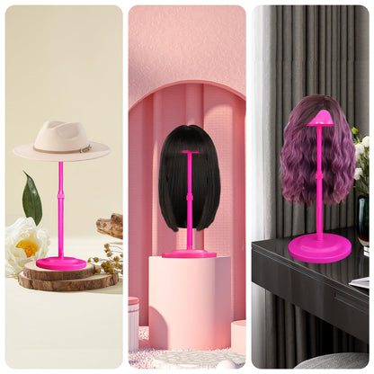 Wig Stand 1PC Adjustable Height Pink Plastic Wig Head Stand Portable Wig Holder Stands Non-Slip Wig Head Holders Sturdy for Multiple Wigs and Hats Styling Drying Display