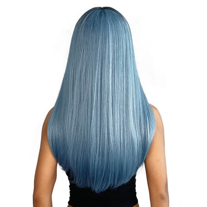 ENTRANCED STYLES Ombre Blue Wig with Bangs Long Straight Mixed Blue Wigs for Women Cosplay Wigs for Girls Natural Hairline Heat Resistant Synthetic Wig for Cosplay Halloween Party Daily