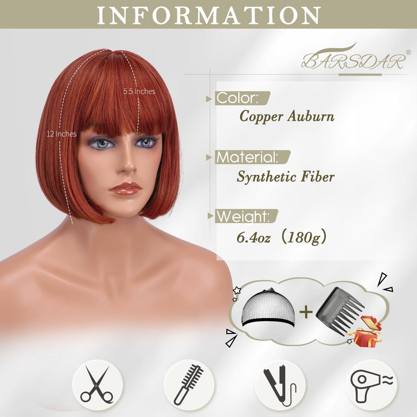 BARSDAR Short Bob Wig with Bangs - Short Copper Auburn Bob Wig with Bangs for Women - 12 Inch Chin-Length Natural Looking Soft Synthetic Hair Replacement Daily Halloween Party Copper Auburn Wigs