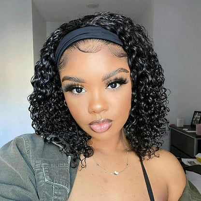 Aiterina Deep Wave Headband Wig 10 Inch Glueless Human Hair Wigs Machine Made No Lace Curly Hair Wigs Headband Wig Natural color
