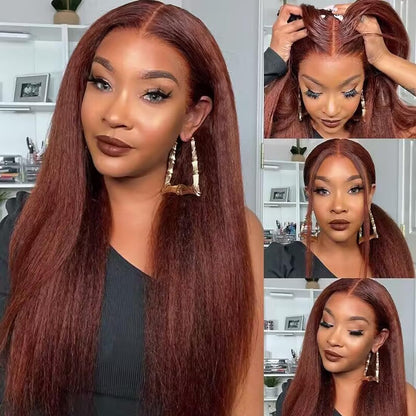 UNICE Bye Bye Knots Glueless Wig Reddish Brown Yaki Straight 7x5 Pre Cut Lace Glueless Wigs Human Hair Pre Plucked Pre Bleached Invisible Knots Human Hair Wig 14 inch