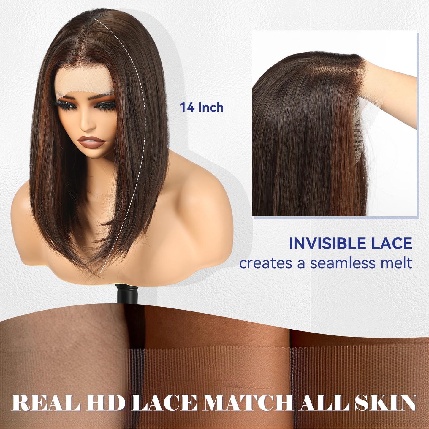 HAIRCUBE 13x4 Lace Front Wig Dark Brown Bob 16 Inch Synthetic Wigs - Glueless HD Wig for Women, Shoulder Length Natural Look Everyday Use