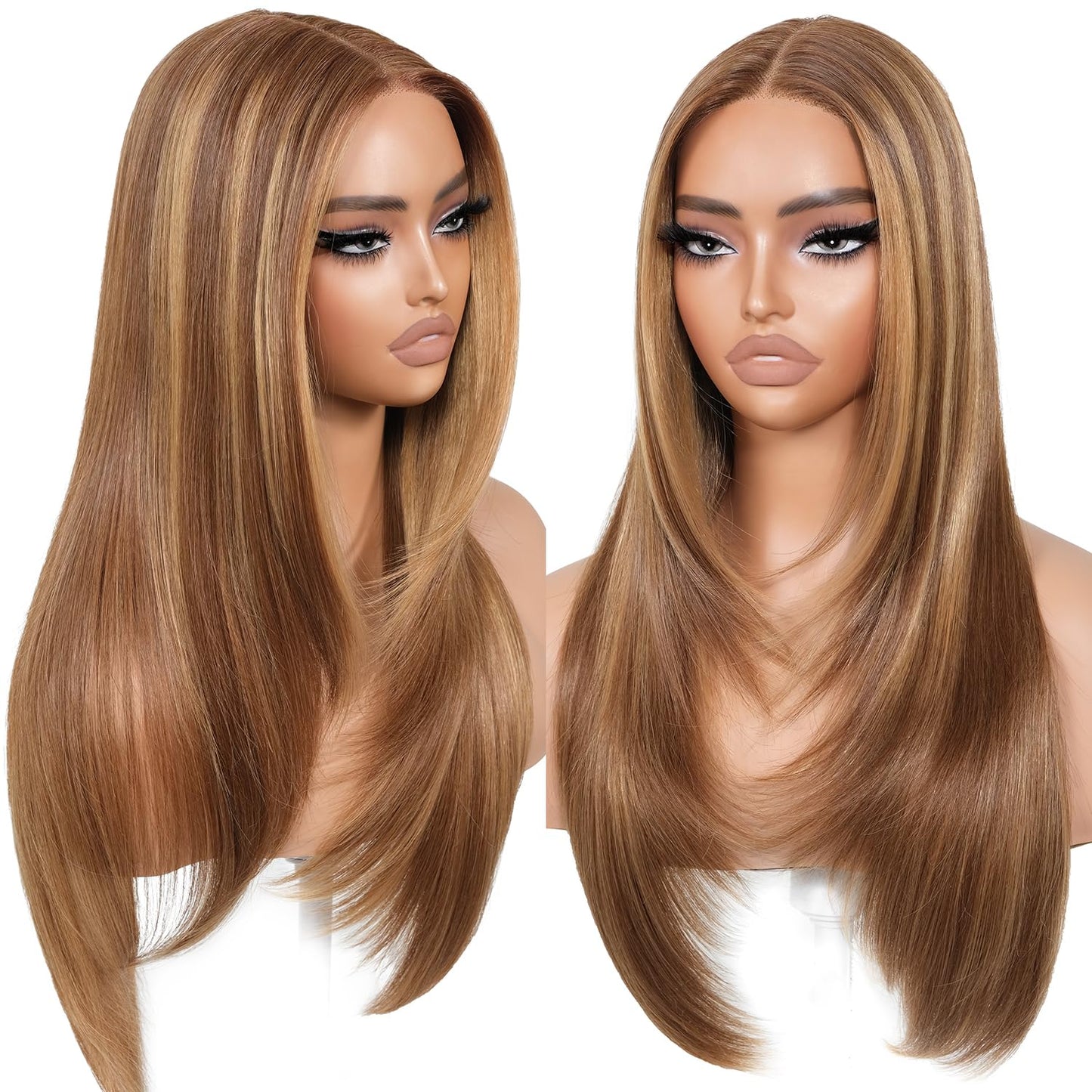BrownBomb Wear and Go Glueless Wigs Pre Plucked Pre Cut for Beginners Honey Blonde Synthetic Lace Front Wigs For Woman Long layered straight Wigs with bangs 427 middle part wig 26 Inch
