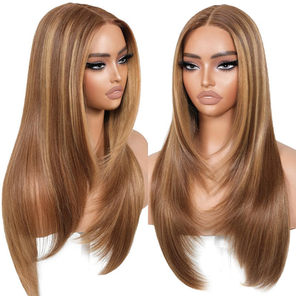 BrownBomb Wear and Go Glueless Wigs Pre Plucked Pre Cut for Beginners Honey Blonde Synthetic Lace Front Wigs For Woman Long layered straight Wigs with bangs 427 middle part wig 26 Inch