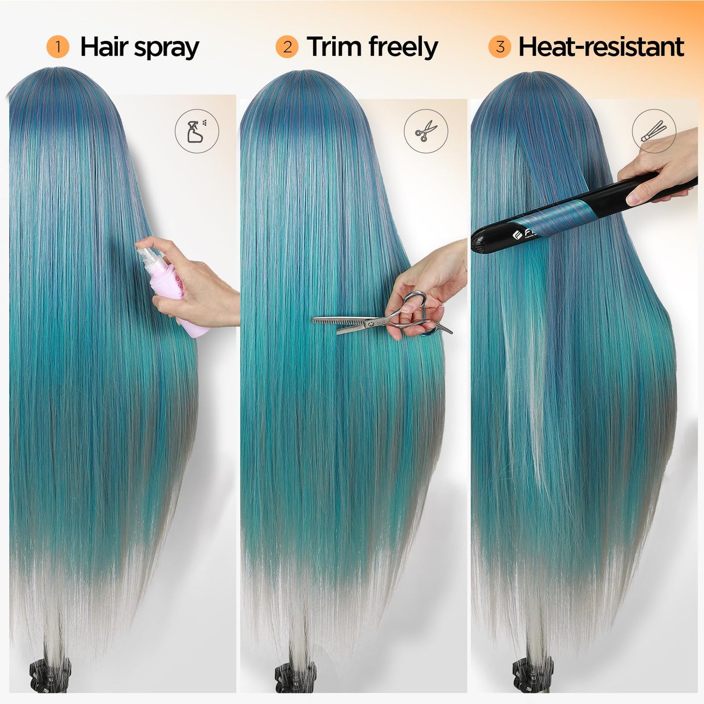 WIGER 28 Inches Long Straight Rainbow Wigs Bluish Green Layered Hair Middle Part Piano Color Wigs Synthetic Mermaid Wig Heat Resistant Costumes Wig for Daily or Party