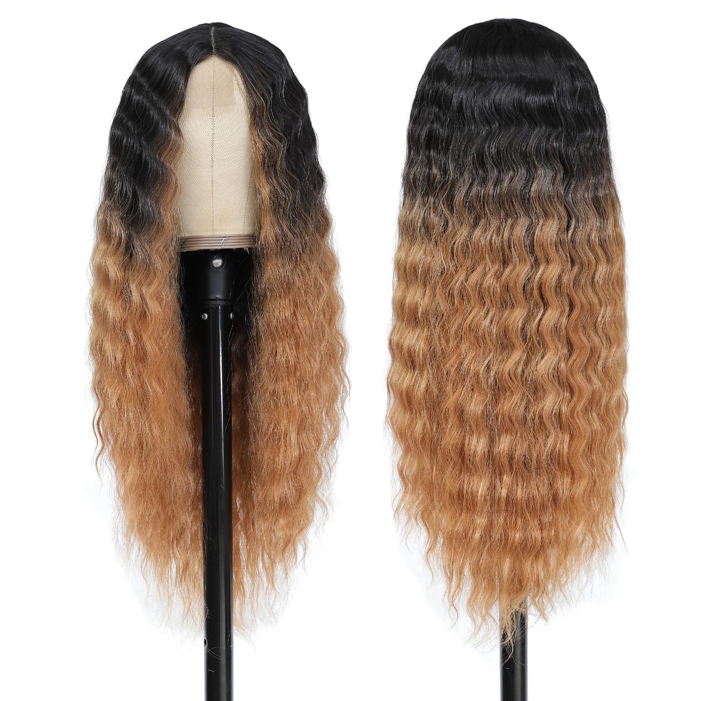 INSTASTYLE 30 Inch Long Curly Synthetic Wigs for Black Women Skunk Deep Wave Wig Black Wig with Mix Blonde Highlights Side Part Wig Natural Crimps Curly Lace Front Wig for Daliy,Party Use