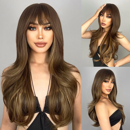 N NAYASA Brown Wigs with Bangs Long Layered Wigs for Women Brown Mixed Blonde Synthetic Wig Heat Resistant Natural Looking Wigs for Daily Party Use
