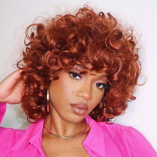 andromeda Auburn Wigs for Black Women Soft Short Big Curly Wig with Bangs Afro Loose Cute Curly Heat Resistant Natural Looking Synthetic Wig for African American Women(350#)