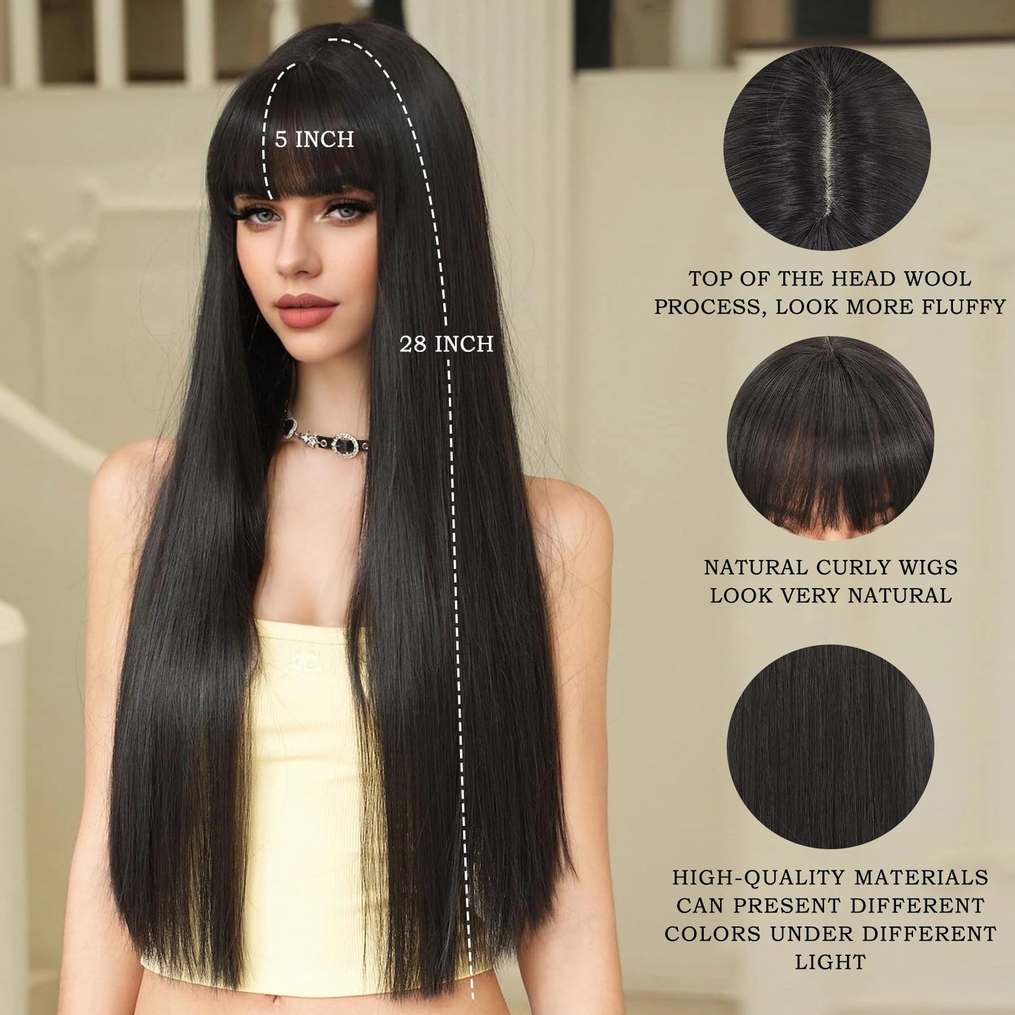 7JHH WIGS Long Straight Natural Black Wig with Bangs Heat Resistant Fiber Layered Synthetic Long Straight Wig for Cosplay Christmas Gifts Party Used