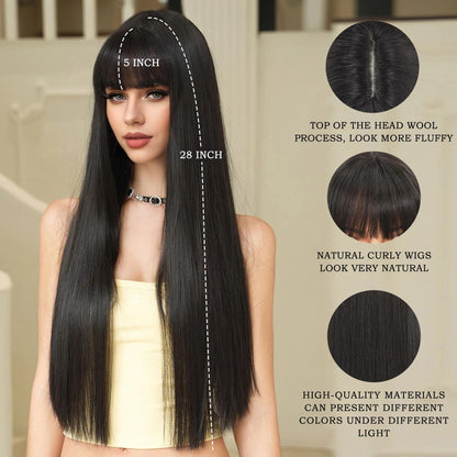 7JHH WIGS Long Straight Natural Black Wig with Bangs Heat Resistant Fiber Layered Synthetic Long Straight Wig for Cosplay Christmas Gifts Party Used