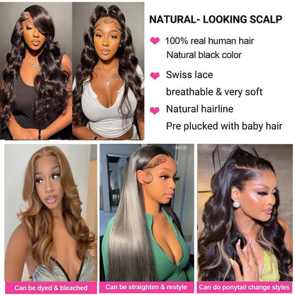 Ainmeys 34inch 13x6 Body Wave Lace Front Wigs Human Hair 250% Density Pre Plucked HD Transparent Lace Frontal Wigs Human Hair Wigs for Black Women 10A Glueless Wigs Baby Hair