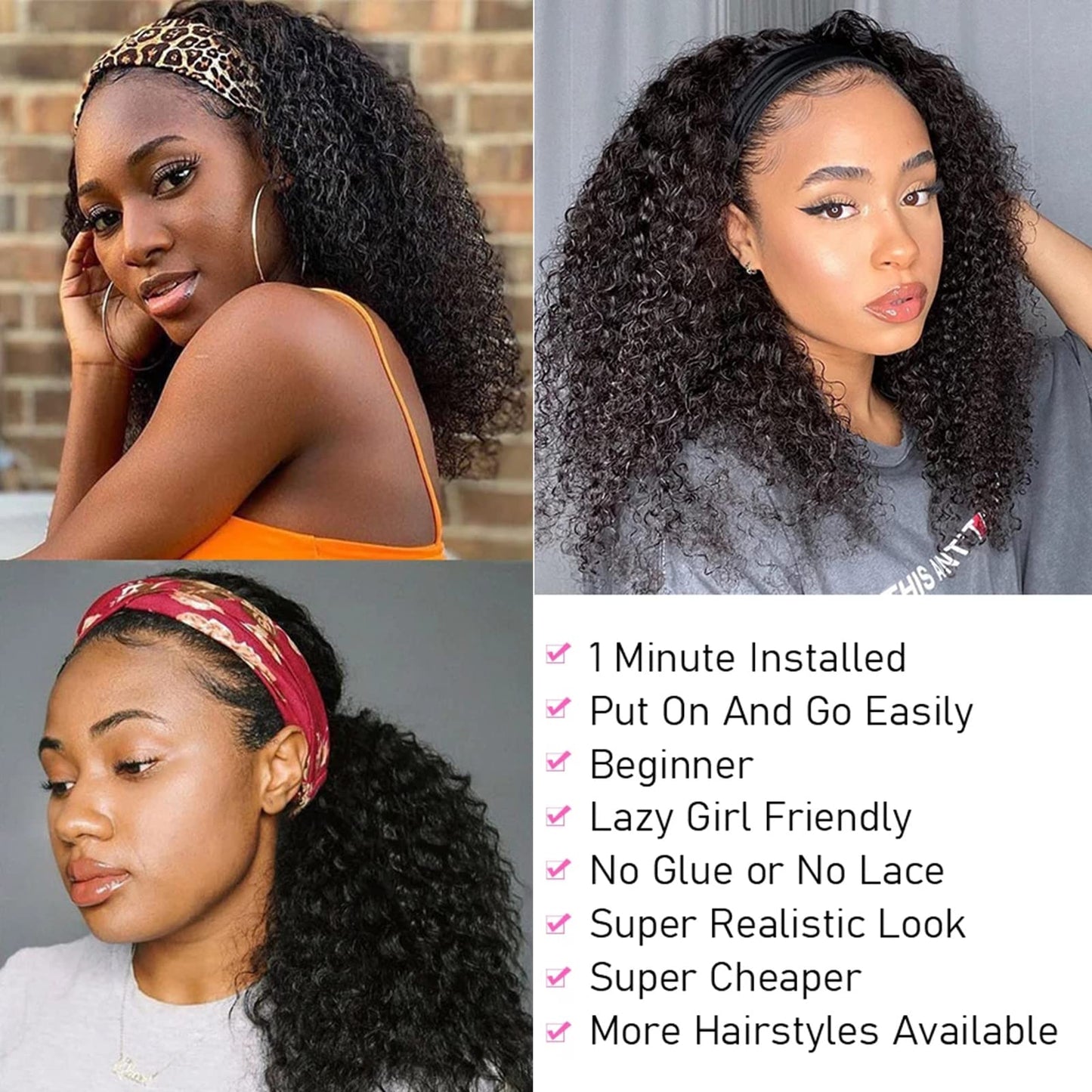 ISEE Headband Wig Human Hair Kinky Curly Human Hair Wigs for Black Women Glueless None Lace Front Wigs 180% Density 16inch