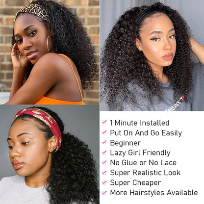 ISEE Headband Wig Human Hair Kinky Curly Human Hair Wigs for Black Women Glueless None Lace Front Wigs 180% Density 16inch