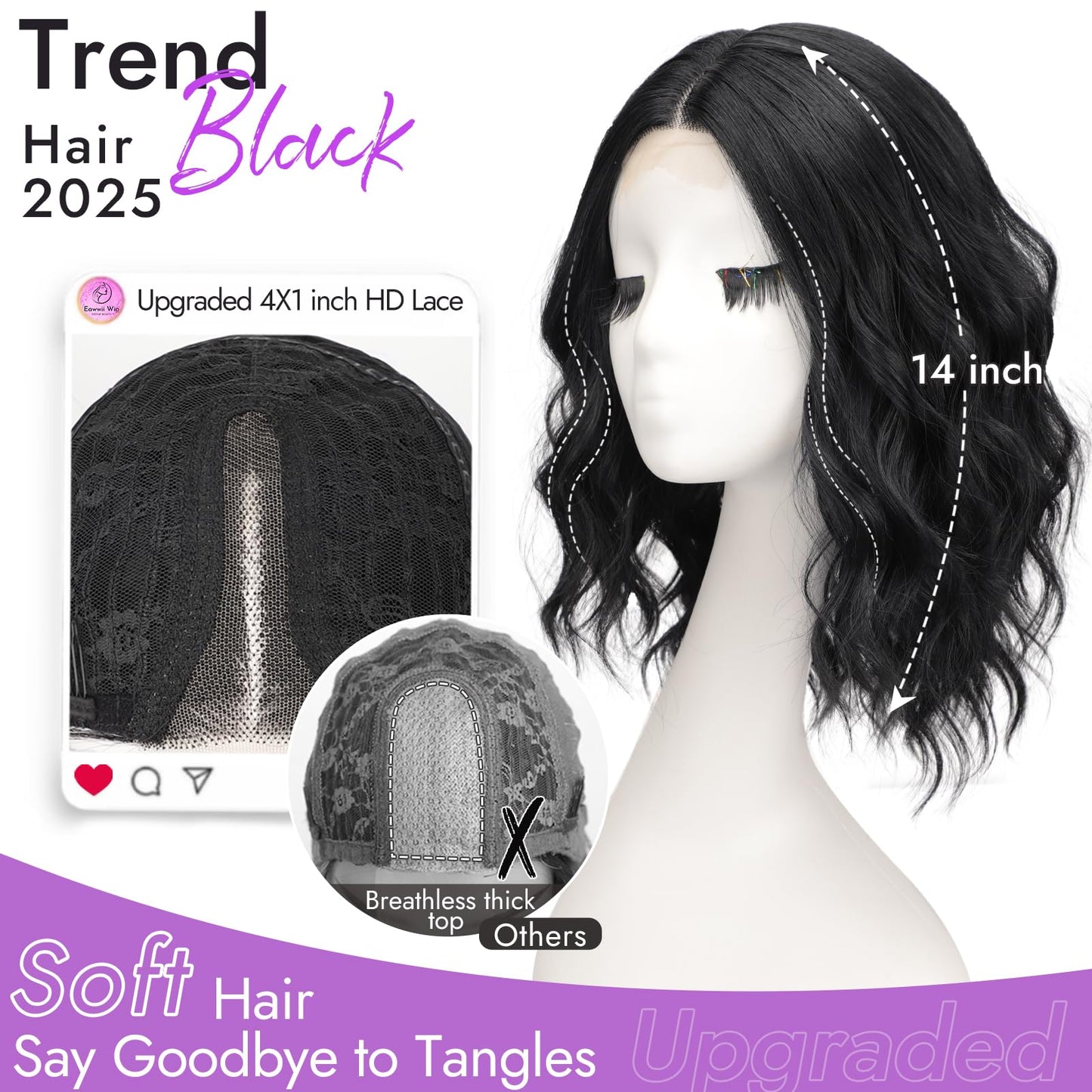 Eawwii Black Short Wavy Wig for Women Lace Hairline Bob Style Synthetic Heat Resistant - Natural Appearance for Everyday Hairstyle 14 Inch