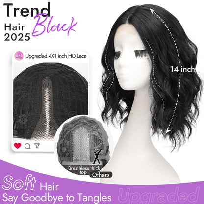 Eawwii Black Short Wavy Wig for Women Lace Hairline Bob Style Synthetic Heat Resistant - Natural Appearance for Everyday Hairstyle 14 Inch