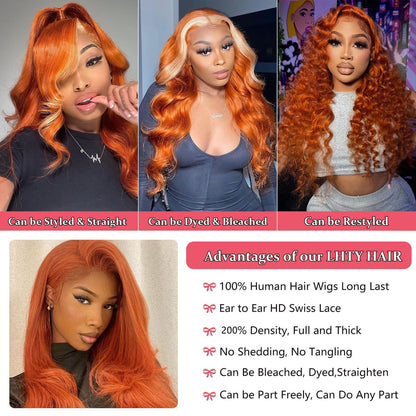 26 Inch 13x6 Ginger Lace Front Wigs Human Hair Body Wave 13x6 HD Lace Frontal Wigs Pre Plucked Human Hair Wig For Women 200% Density Ginger Orange 350# Colored Human Hair