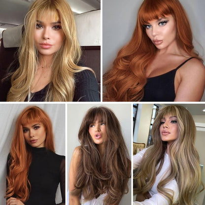 HAIRCUBE Auburn Wig with Bangs for Women Auburn Long Wavy Hair Wig Curly Wavy Synthetic Wigs for Girls Daily Party Use