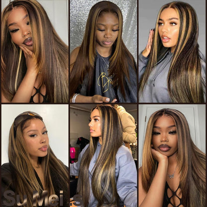 Glueless Synthetic Lace Front Wig 26 Inches Pre Plucked 13x5x1 Straight HD Lace Wigs for Black Women (4/27 Highlight, 26 Inch)