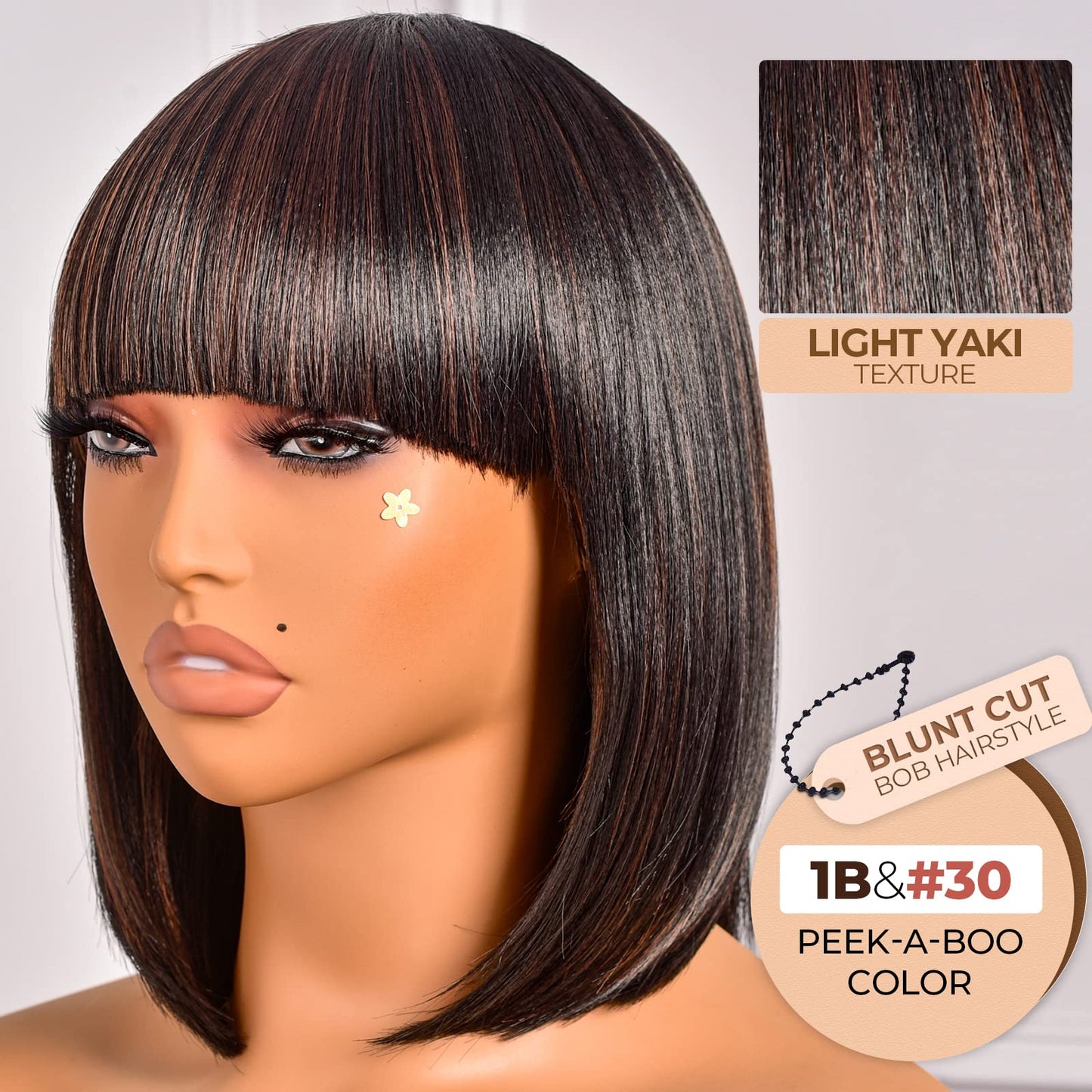ToyoTress Short Bob Wigs With Bangs - 12 Inch Black Mix Brown Yaki Straight Hair Daily Costume Wig For Black Women, Soft Light Synthetic Hair Replacement Wigs Heat Resistant (12 Inch, SP1B/30-612H)