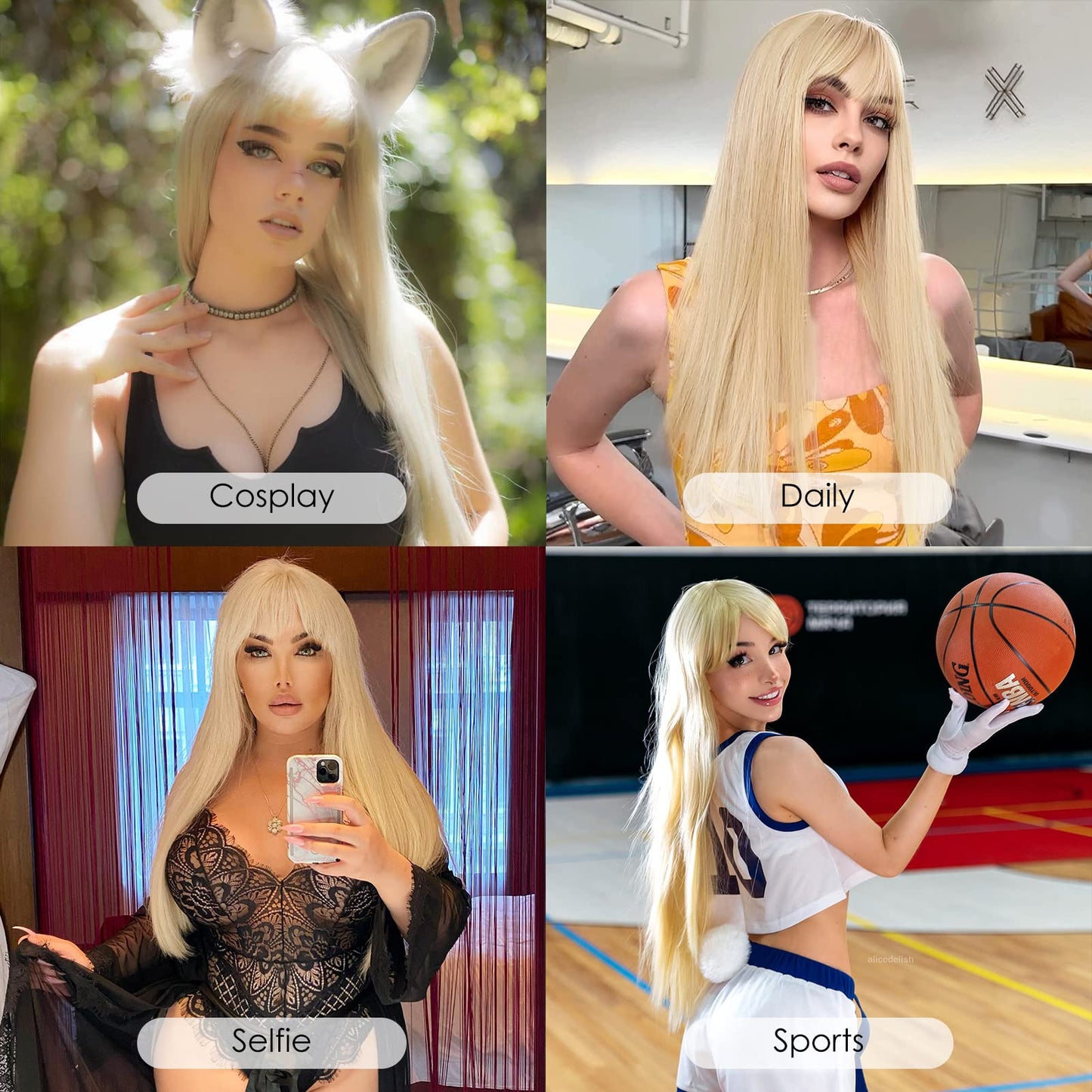 ENTRANCED STYLES Blonde Wig with Bangs, Long Straight Wigs for Women Natural Hair Wigs Synthetic Blond Wigs for Girls Daily Party Halloween Cosplay Wig 22 Inch