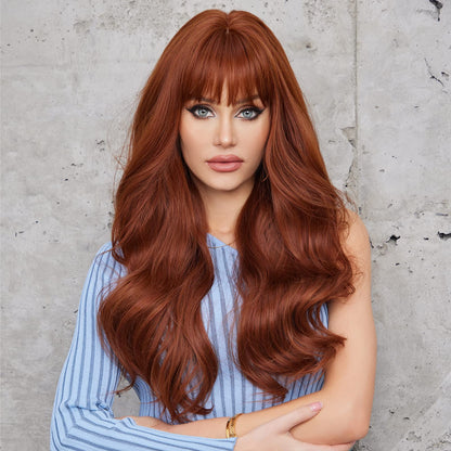 HAIRCUBE Auburn Wigs with Bangs Synthetic Women's Wig Long Wavy Layered Heat-Resistant Wig for Daily Use Natural and comfortable