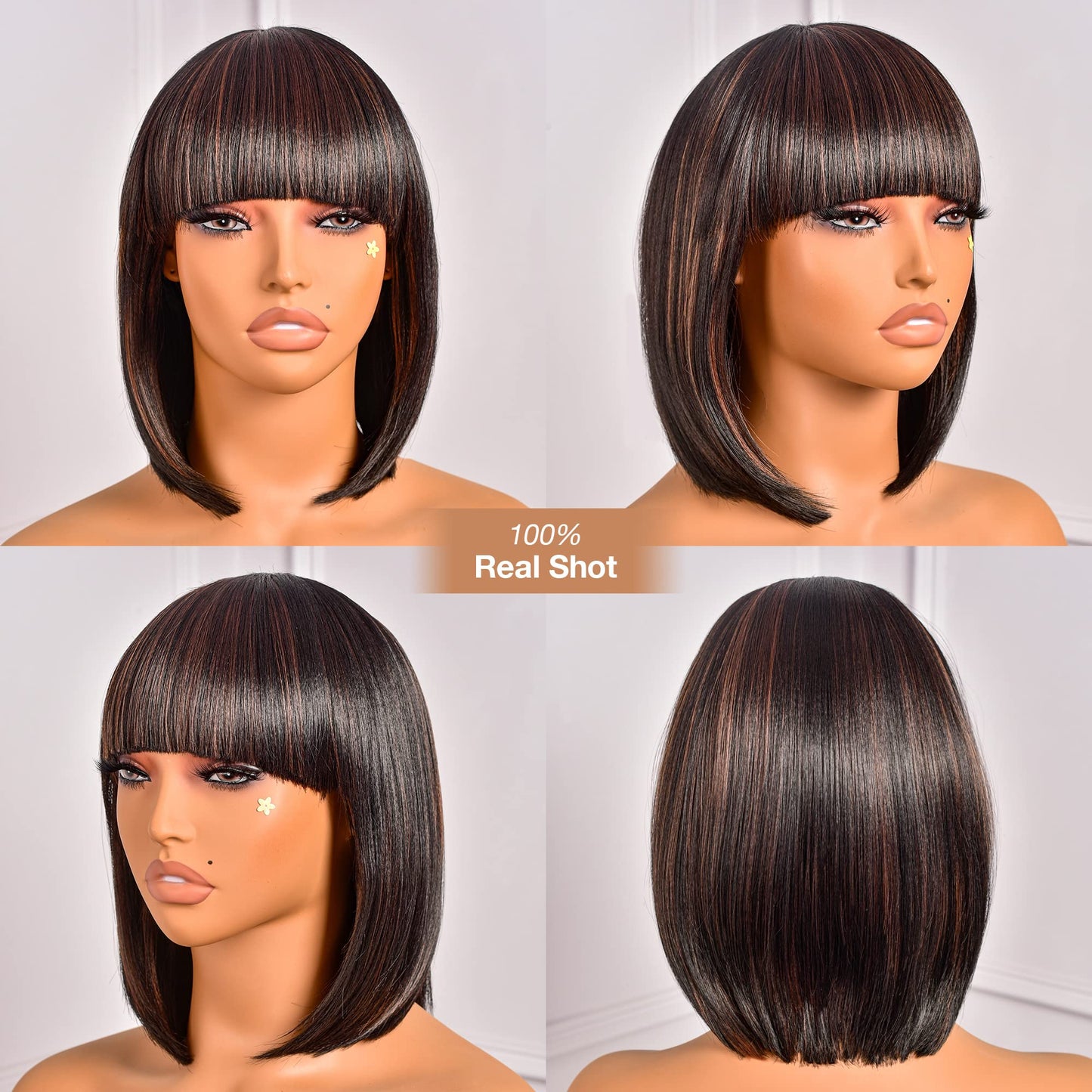ToyoTress Short Bob Wigs With Bangs - 12 Inch Black Mix Brown Yaki Straight Hair Daily Costume Wig For Black Women, Soft Light Synthetic Hair Replacement Wigs Heat Resistant (12 Inch, SP1B/30-612H)