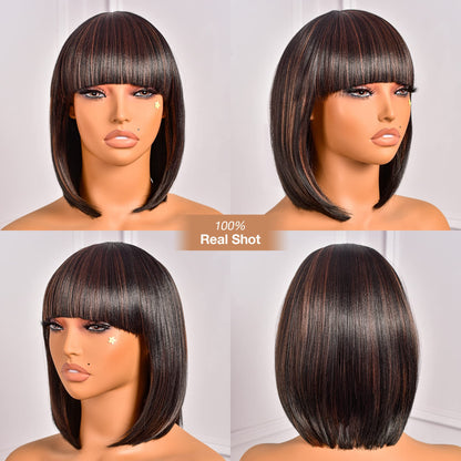 ToyoTress Short Bob Wigs With Bangs - 12 Inch Black Mix Brown Yaki Straight Hair Daily Costume Wig For Black Women, Soft Light Synthetic Hair Replacement Wigs Heat Resistant (12 Inch, SP1B/30-612H)