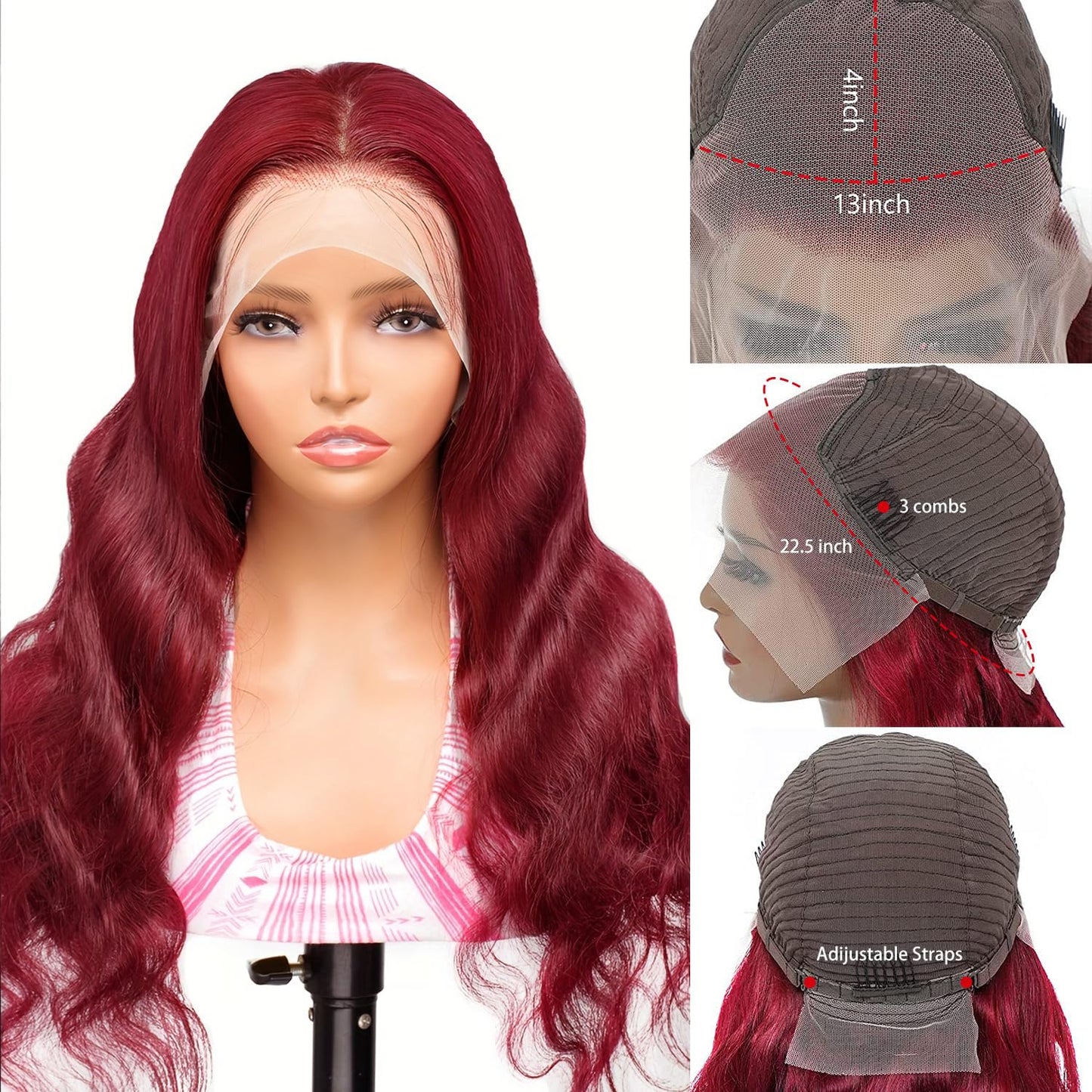 BXW Wear and Go Glueless Wig, 13x4 Burgundy Body Wave Human Hair, 180% Density, 28 Inch