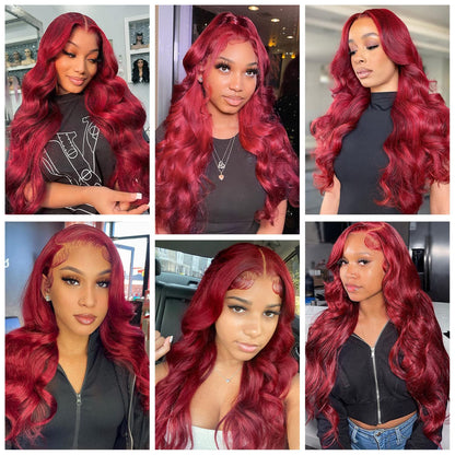BXW Wear and Go Glueless Wig, 13x4 Burgundy Body Wave Human Hair, 180% Density, 28 Inch