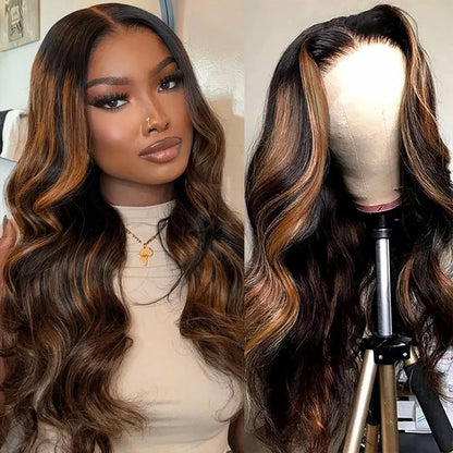Vemalin Body Wave Lace Front Wigs Human Hair 1B/30 Highlight Ombre Lace Front Wig Human Hair 13x4 Transparent Lace Frontal Black with Brown Highlight Wig for Women 200 Density Glueless Wigs 24 Inch