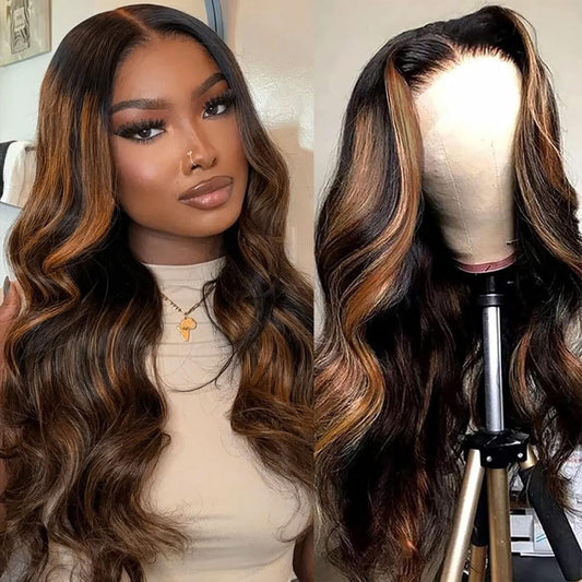 Vemalin Body Wave Lace Front Wigs Human Hair 1B/30 Highlight Ombre Lace Front Wig Human Hair 13x4 Transparent Lace Frontal Black with Brown Highlight Wig for Women 200 Density Glueless Wigs 24 Inch
