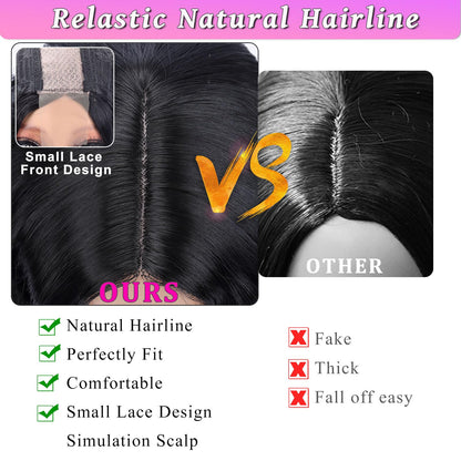 Mairead 28 Inch Long Curly Synthetic Lace Front Wigs for Black Women Loose Deep Wave Black Synthetic Wig Middle Part 4" Simulated Scalp Small Lace Front Wigs Natural Looking Crimps Curls Wig